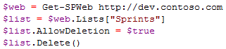 Gets SPWeb, SPList, sets list AllowDeletion to true, and deletes the list.