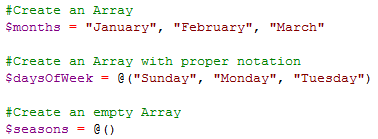 An array can be declared using a comma-delimited collection of objects, @() for empty arrays, and @() with values between the parentheses for the proper declaration.