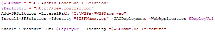 Adds Solution to the farm, Deploys it, then enables the feature on the Site Collection.