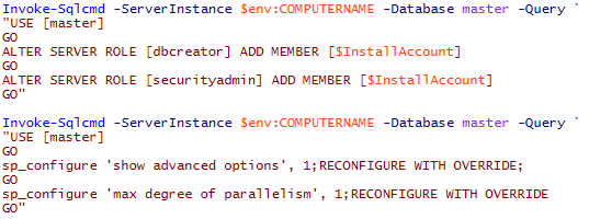 Invoke-Sqlcmd to add Install account server roles and set Max Degrees of Parallelism
