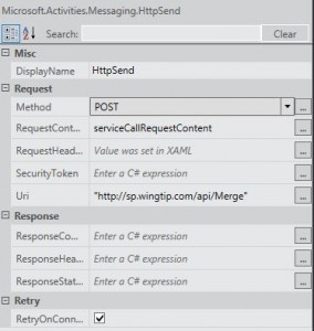 Properties window for the HttpSend Activity.