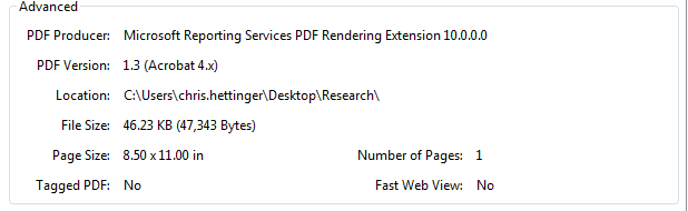 Image of Document Properties for PDF Version 1.3 (Acrobat 4.x) generated by SQL Server Reporting Services (SSRS)