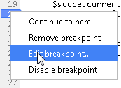 Chrome - Right-click menu for a breakpoint, select "Edit breakpoint..."