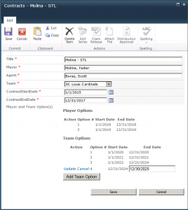 Contract list form with an Option in edit mode.