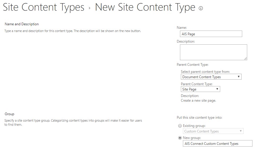 new site content type screenshot