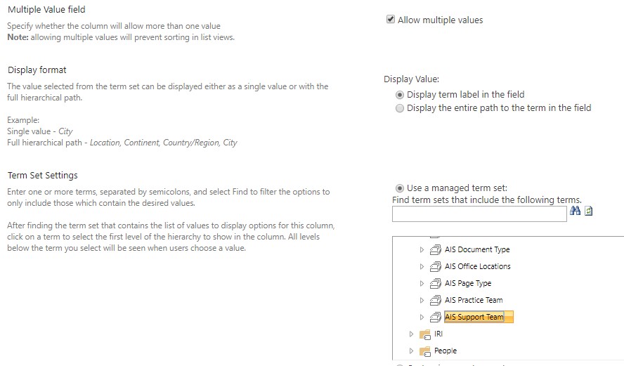 skærmbillede af term set settings