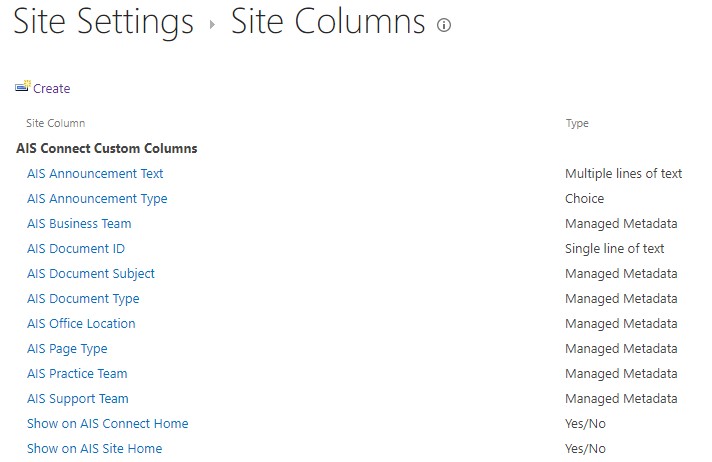 Site columns example screenshot
