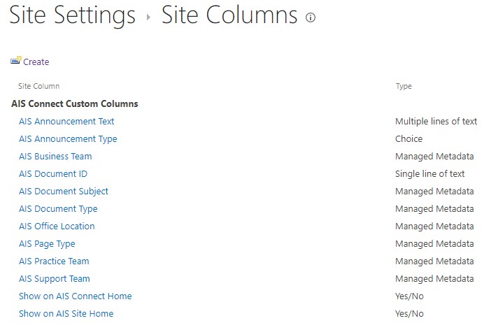 Site columns esempio screenshot