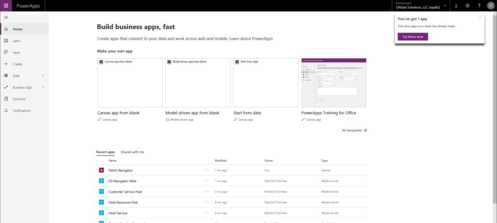 Screenshot of PowerApps environment