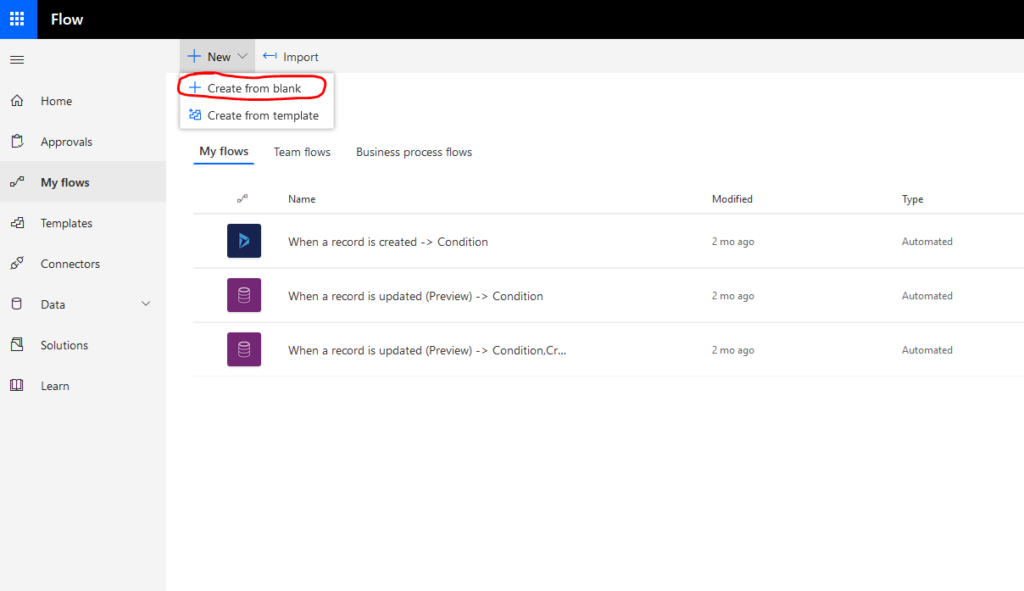 Flow screenshot with Create from blank highlighted