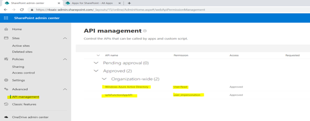 API permissions are available in SharePoint online admin center