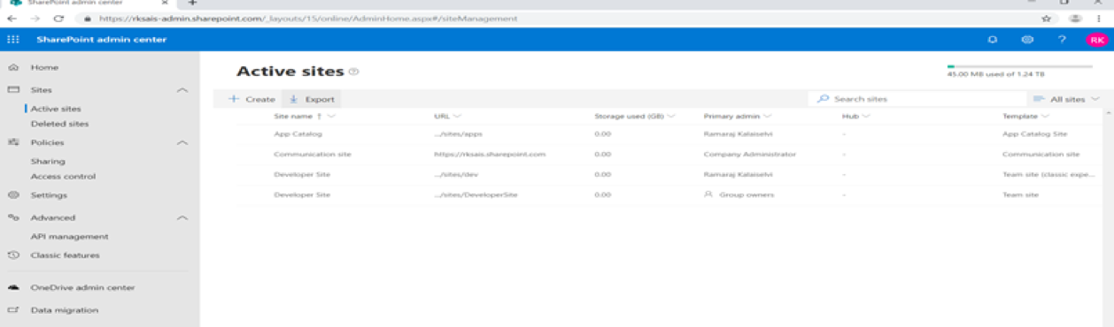 Available sites in SharePoint admin center