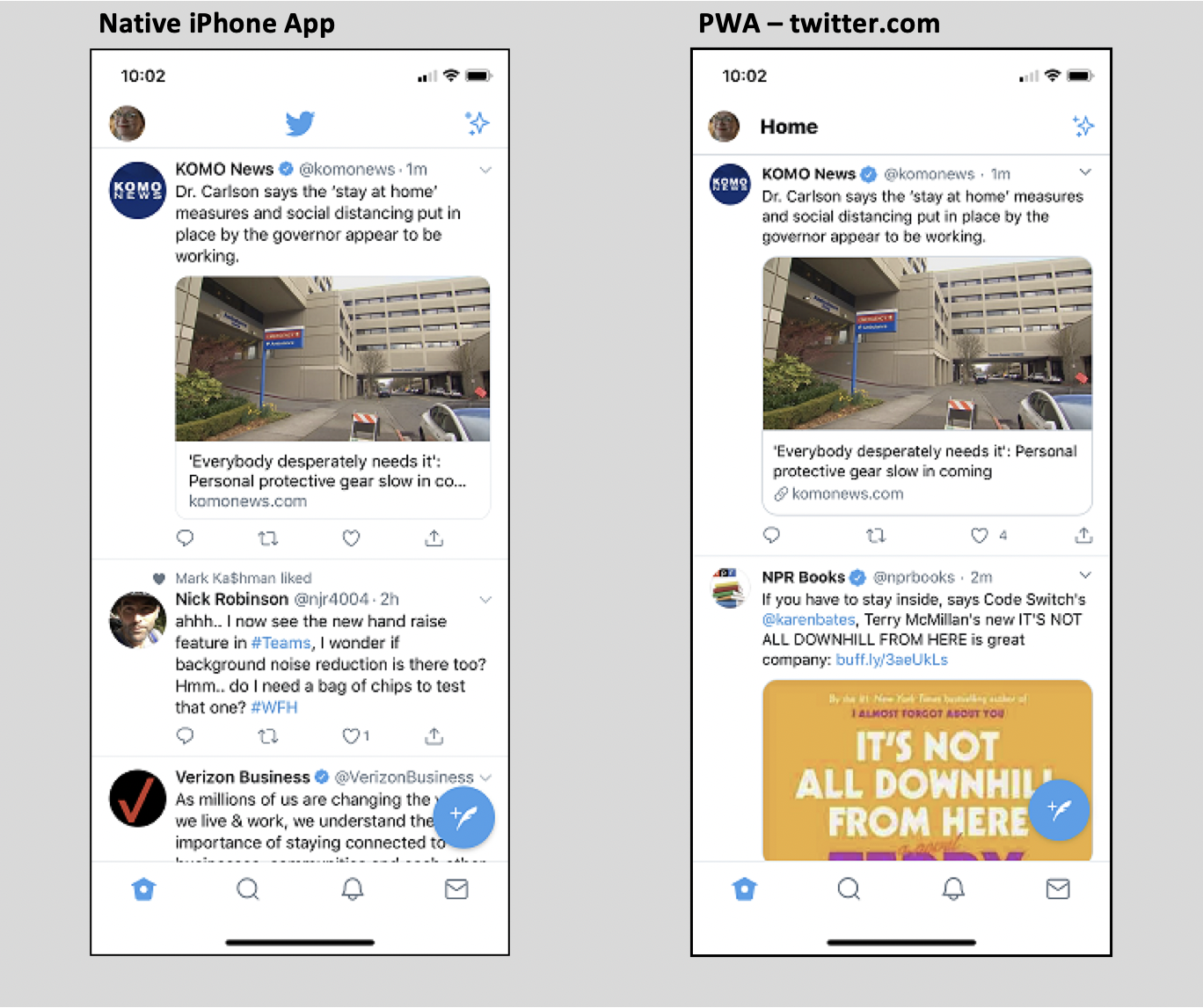 Natie iPhone App vs. PWA - Twitter.com
