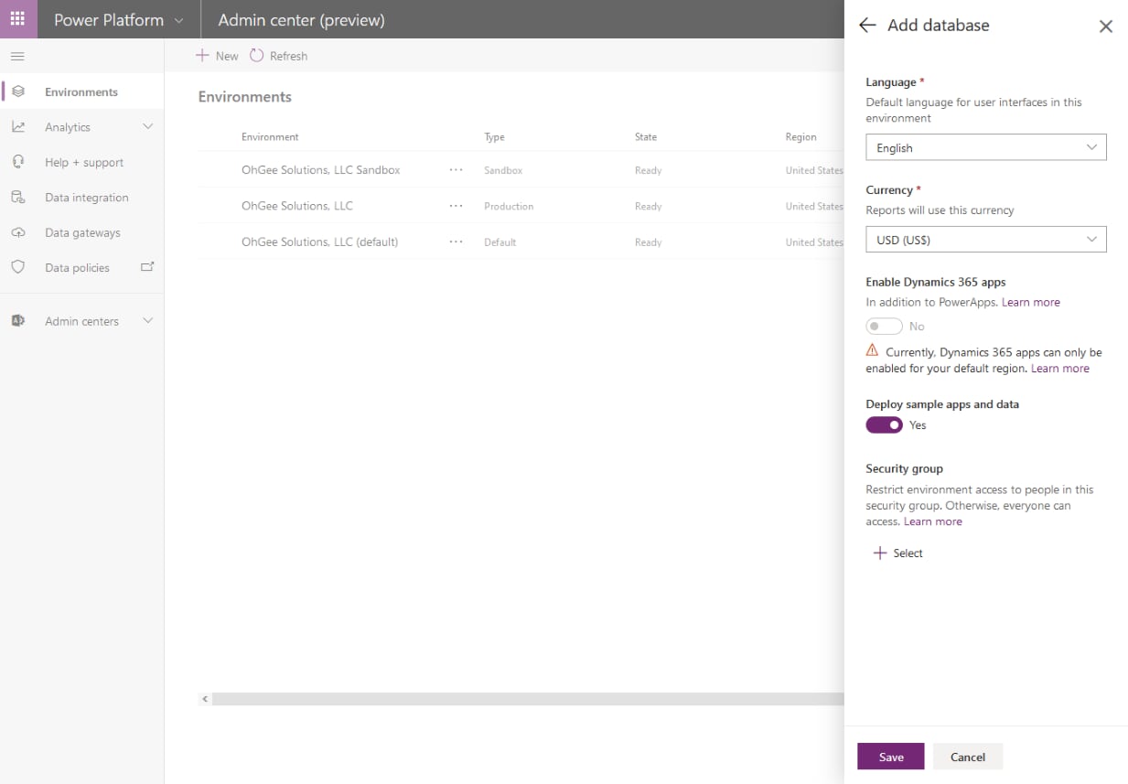 New Environment in PowerApps – Add Database Image