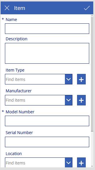 Editing Form with Item Types, Locations, and Manufacturers