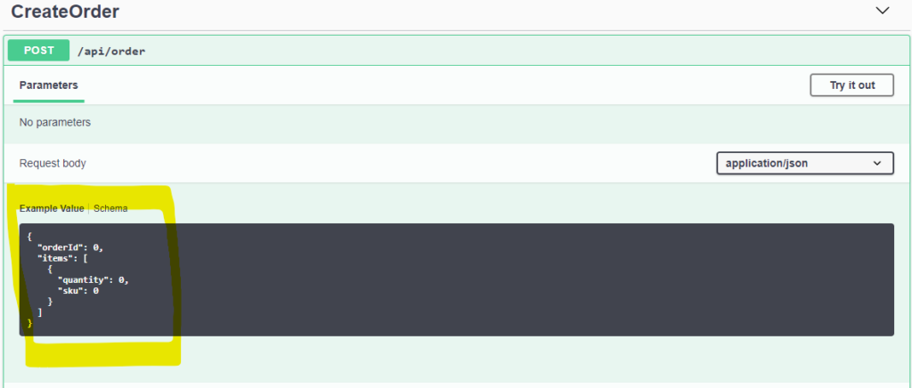 The Create Order Swagger UI with body type specified