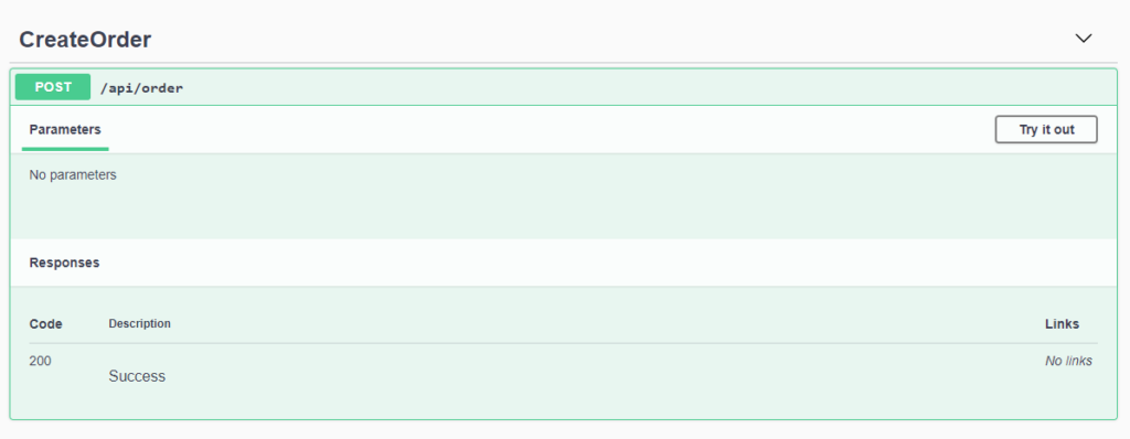 Swagger UI page for the CreateOrder operation showing very little detail