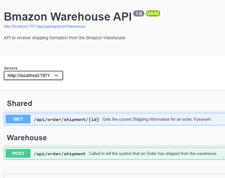 Swagger UI showing the Warehouse APIs