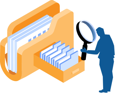 graphic of a man inspecting 3-dimensional files with a magnifying glass