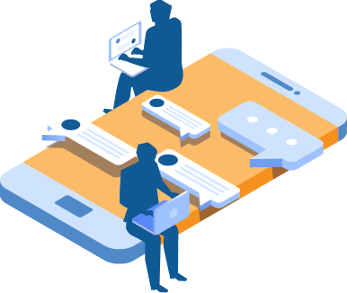 graphic of people sitting on a 3D cell phone while typing on their laptops