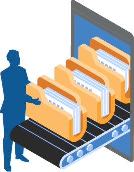graphic of a man taking 3D file folders off of a conveyor belt