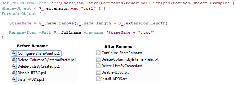 Using ForEach-Object to rename files' extensions.