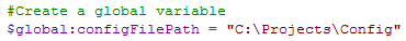 Declares a global variable, $global:configFilePath, and sets it to a system file path.