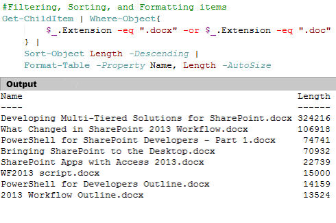Pipeline example using Where-Object and Sort-Object Cmdlets