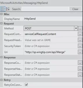 Properties window for the HttpSend Activity.