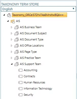 Taxomony term store screenshot