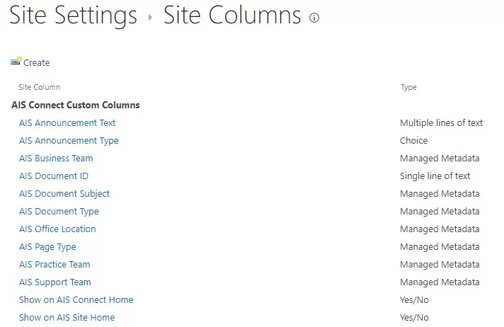 Site columns example screenshot
