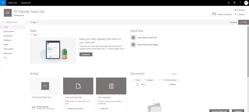 Screenshot of new Team Site