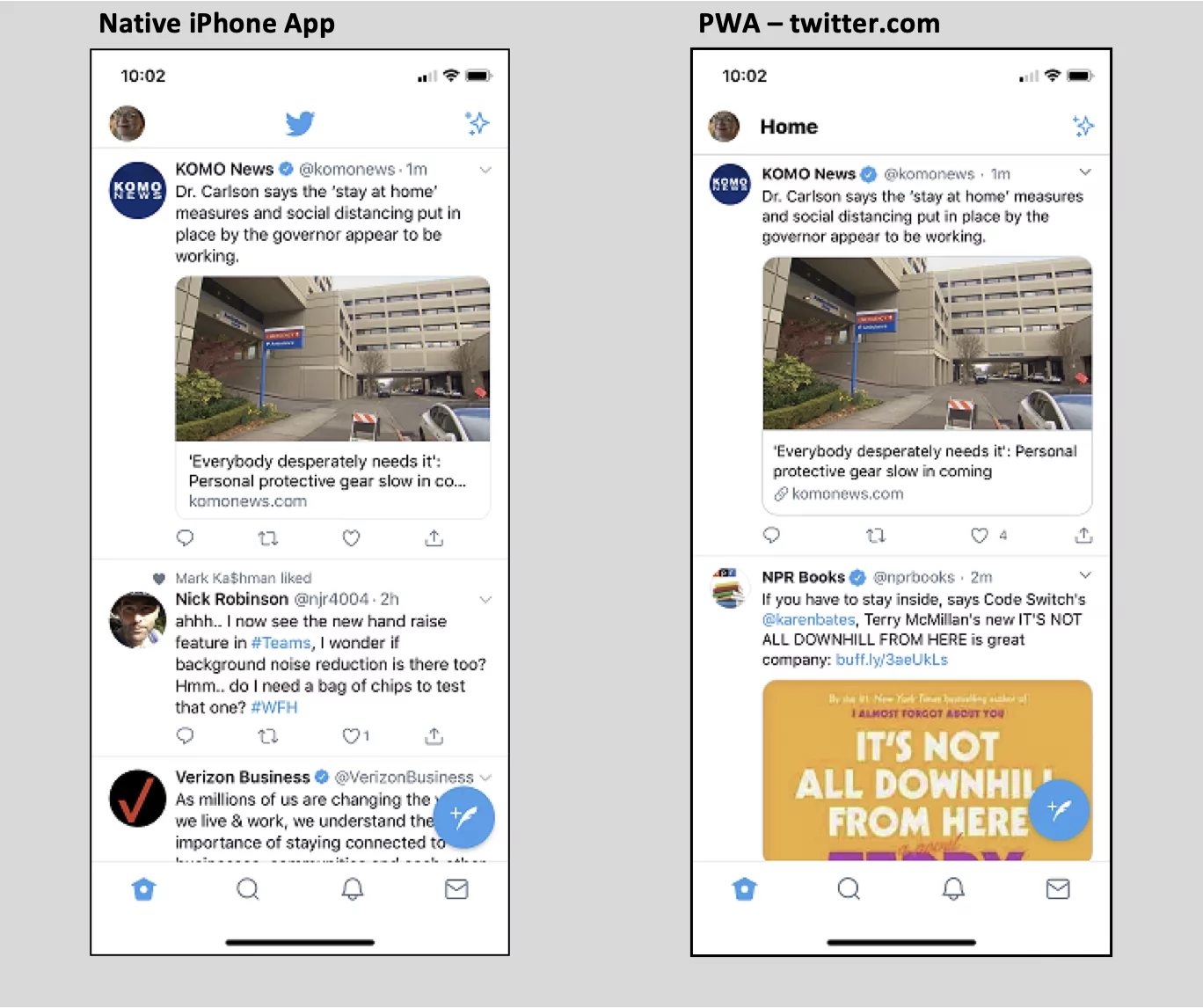 Natie iPhone App vs. PWA - Twitter.com