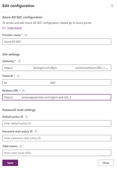 Azure AD B2C configuration settings window