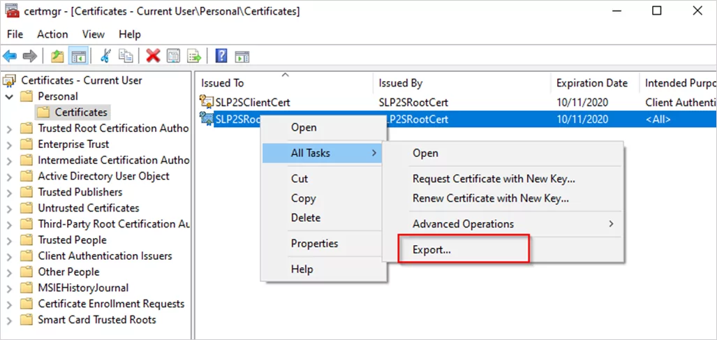 Export certificates