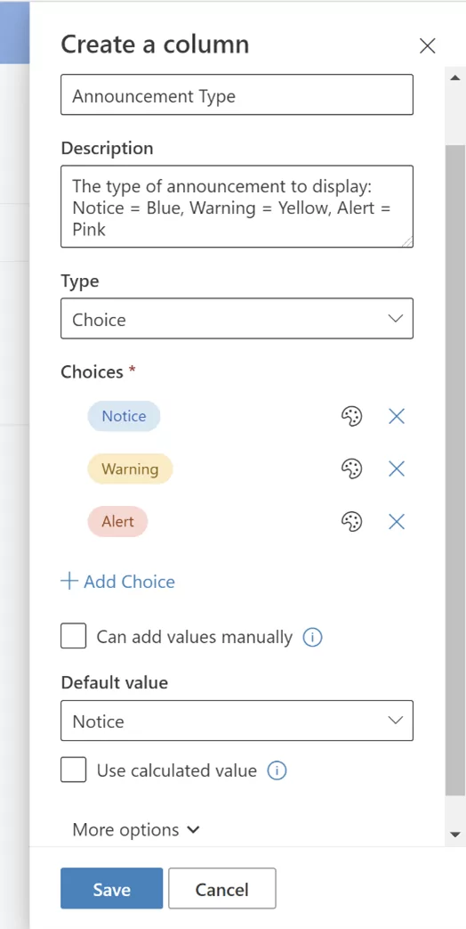 Choose Options for the Column