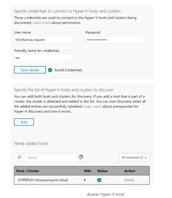 Specify credentials to connect to Hyper V