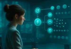 Professional at desk viewing a monitor with branching flow diagrams symbolizing agent memory patterns for longer-horizon workflows.